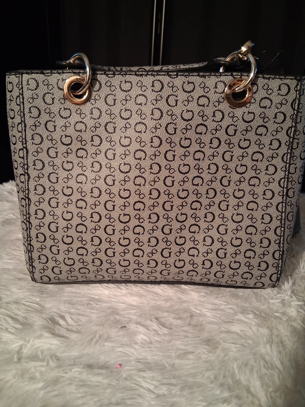 Guess Monogram Logo Satchel in Black and Gray with Gold Hardware